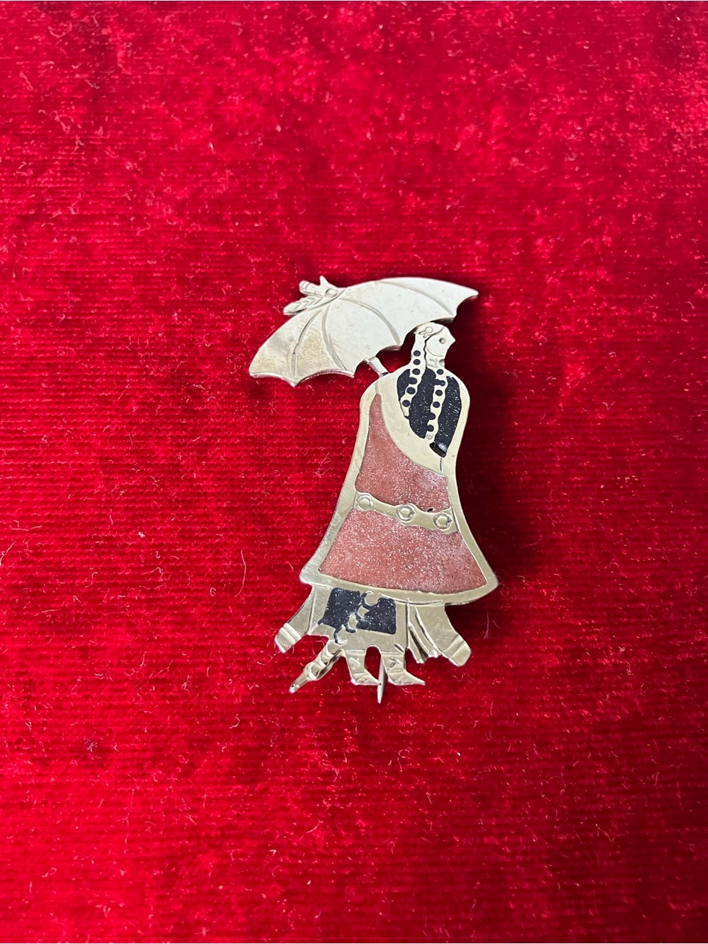 Native American Mitchell Zephier Lakota "Woman with Umbrella" Pin German Silver.